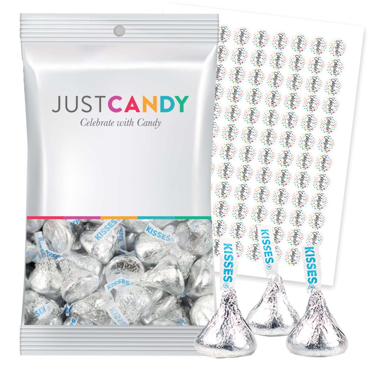 Silver Candy Milk Chocolate Kisses Plus Exclusive Bonus Free Kiss Stickers by Just Candy